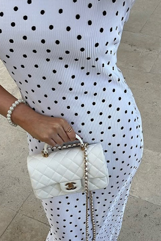 Polka Dot Plissé Texture Mock Neck Sleeveless Bodycon Maxi Dress