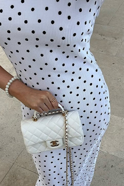 Polka Dot Plissé Texture Mock Neck Sleeveless Bodycon Maxi Dress