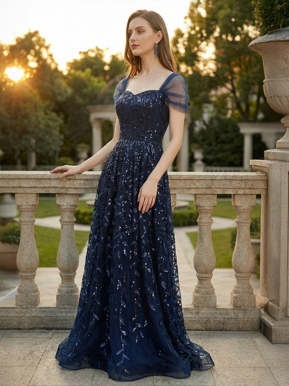 Deep Blue Sequin Maxi Prom Dress with Sweetheart Neckline and Off-shoulder For Summer 2026