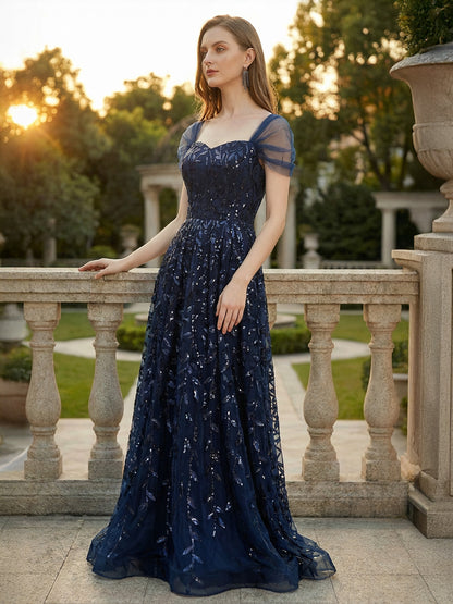 Deep Blue Sequin Maxi Prom Dress with Sweetheart Neckline and Off-shoulder For Summer 2026