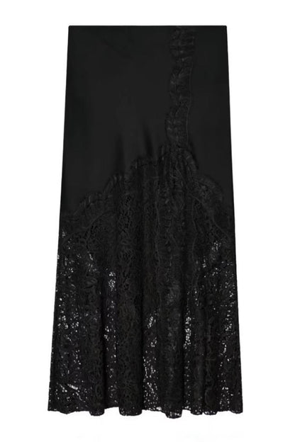 Solid Color Silk Satin and Lace Spliced elegant Maxi Skirt