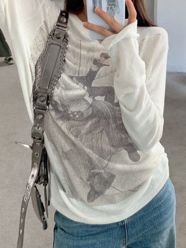 Vintage Print Ribbed Loose Long Sleeve Knit