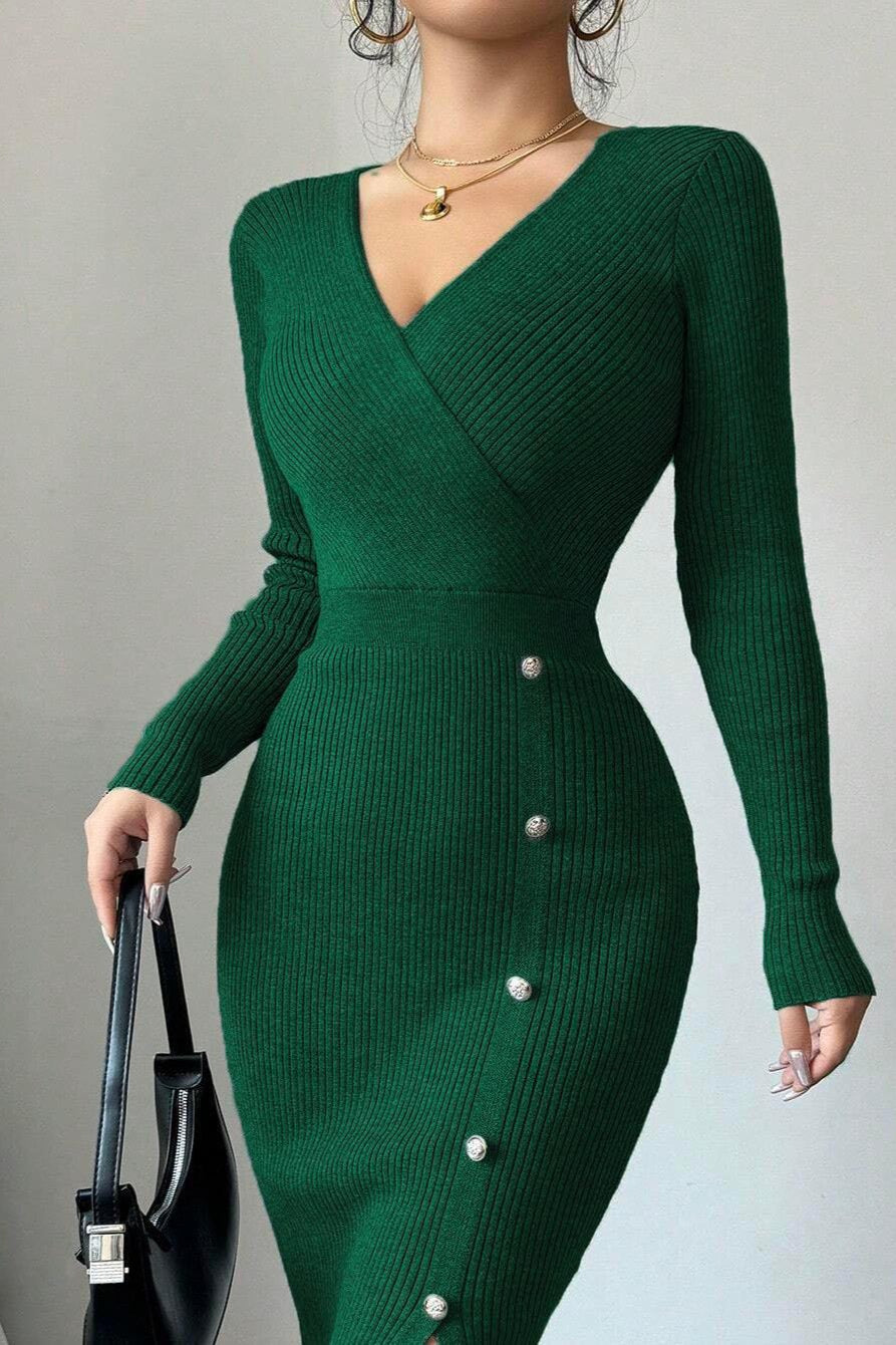 Wrap V-Neck Rib Knit Button Side Slit Long Sleeve Midi Sweater Dress
