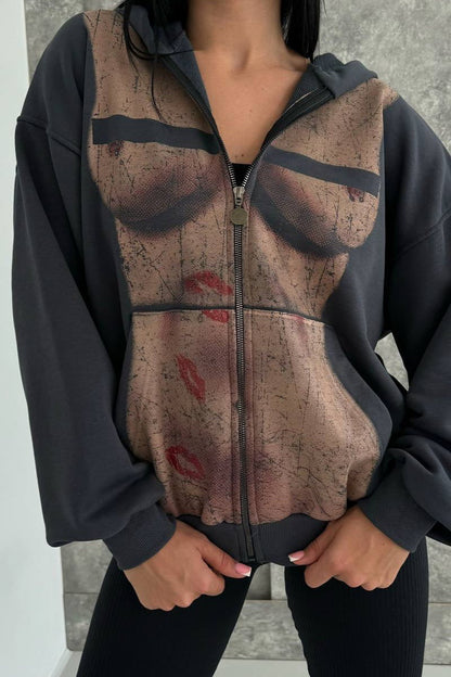 Bad Girl Style Nude Print Zipped Hoodie