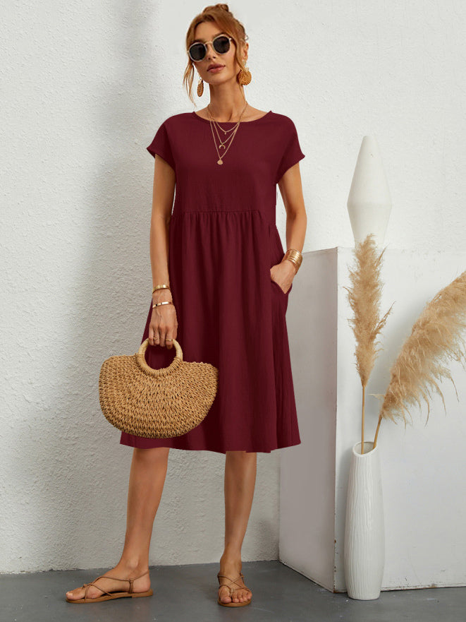 Short Sleeves Midi Shift Dress for Women - Minimalist Solid Color Loose T-shirt Dress with Pockets - Summer Daily Casual 2026