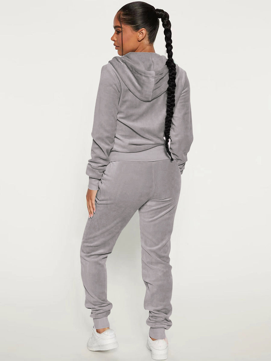 Velour Zip Up Slim Fit Hoodie Jogger Set For Women 2026