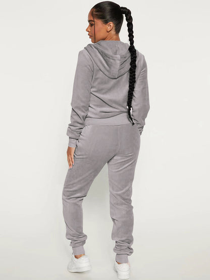 Velour Zip Up Slim Fit Hoodie Jogger Set For Women 2026