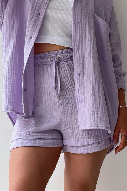 Textured Lapel Long Sleeve Top High Waist Shorts Set