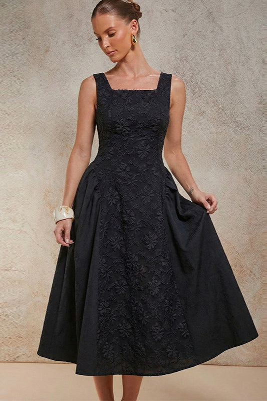 Square Neck Sleeveless Floral Embroidered Center Panel A-Line Midi Dress