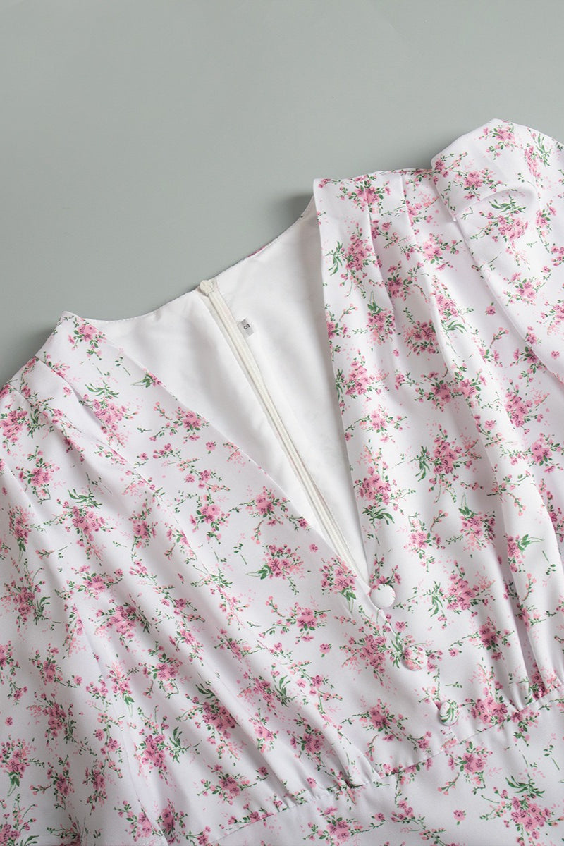Ditsy Floral Deep V Button Placket Butterfly Sleeve Empire Waist Maxi Dress