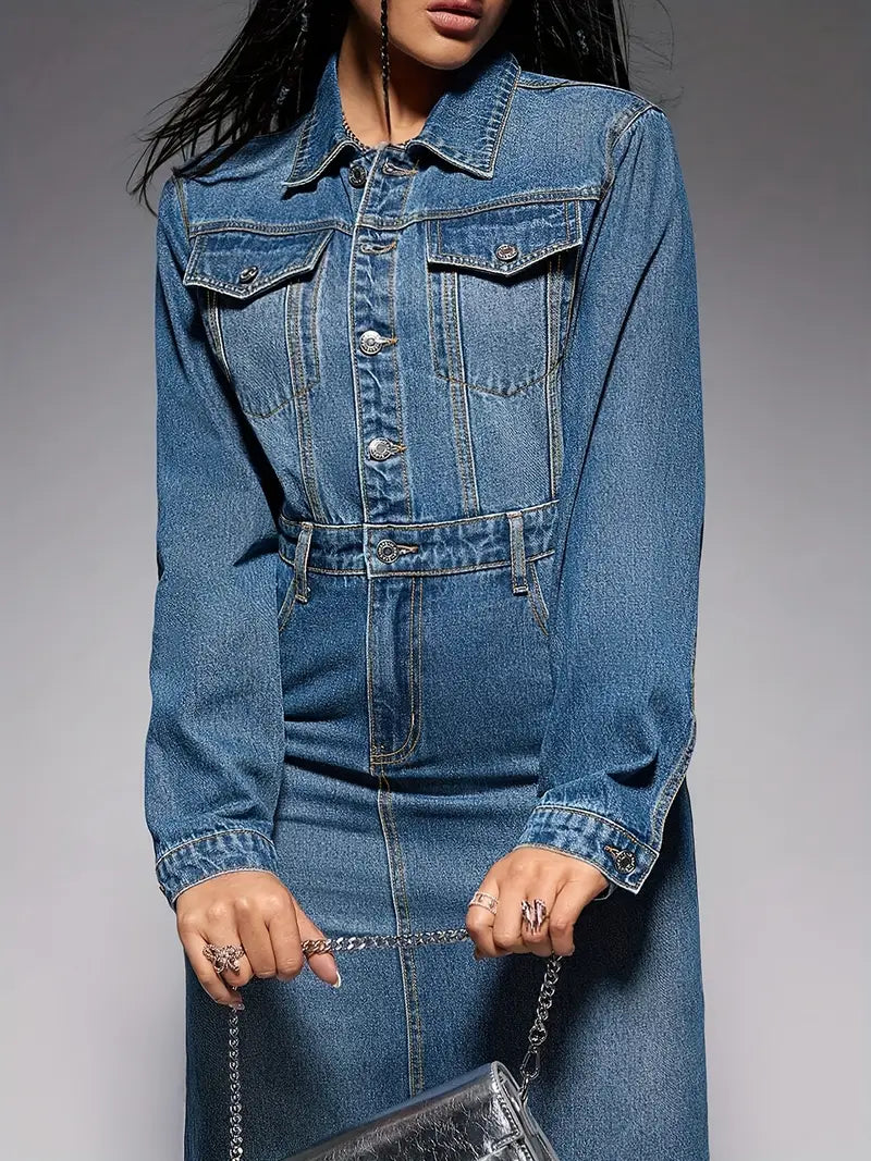 Denim Button-Front Chest Pocket Belted Column Maxi Dress