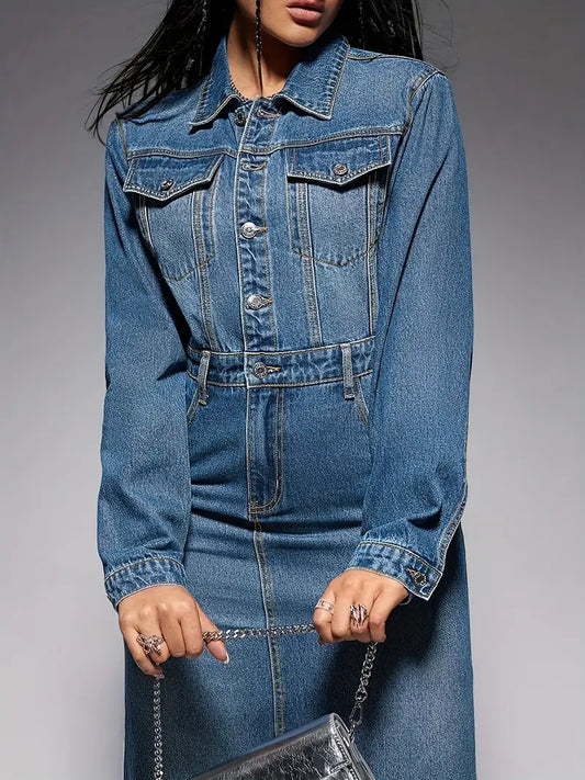 Denim Button-Front Chest Pocket Belted Column Maxi Dress
