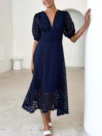 Floral Eyelet Lace V-Neck Puff Sleeve Fitted Waist Scalloped Hem Midi Dress