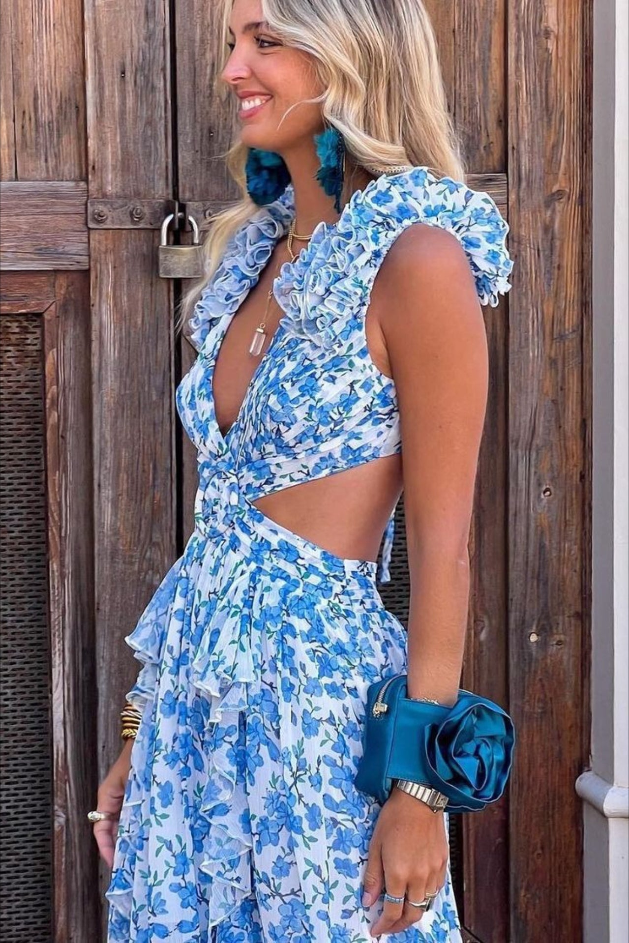 Blossom Print Ruffle Neckline Cutout Tiered Ruffle Maxi Dress