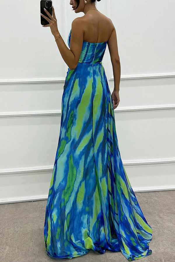 One-Shoulder Ruched Feather Floral Accent Marble Print High-Slit Maxi Gown