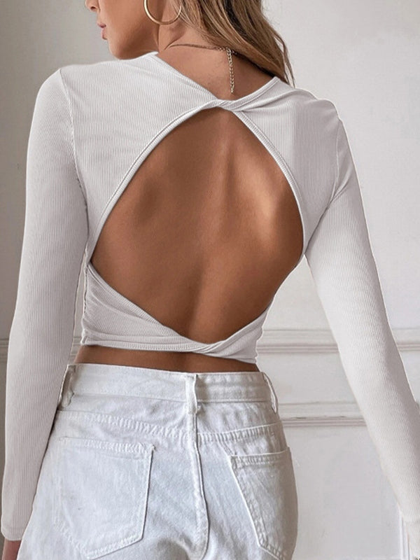 Solid Cutout Backless Twist Back Long Sleeve Knit