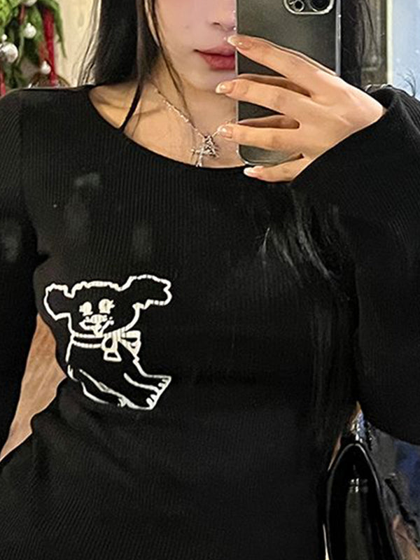 Ribbed Cartoon Print Off Shoulder Long Sleeve Knit