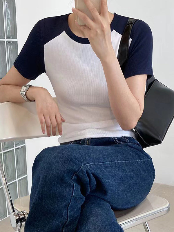 Contrast Color Stitching Crewneck Short Sleeve Knits