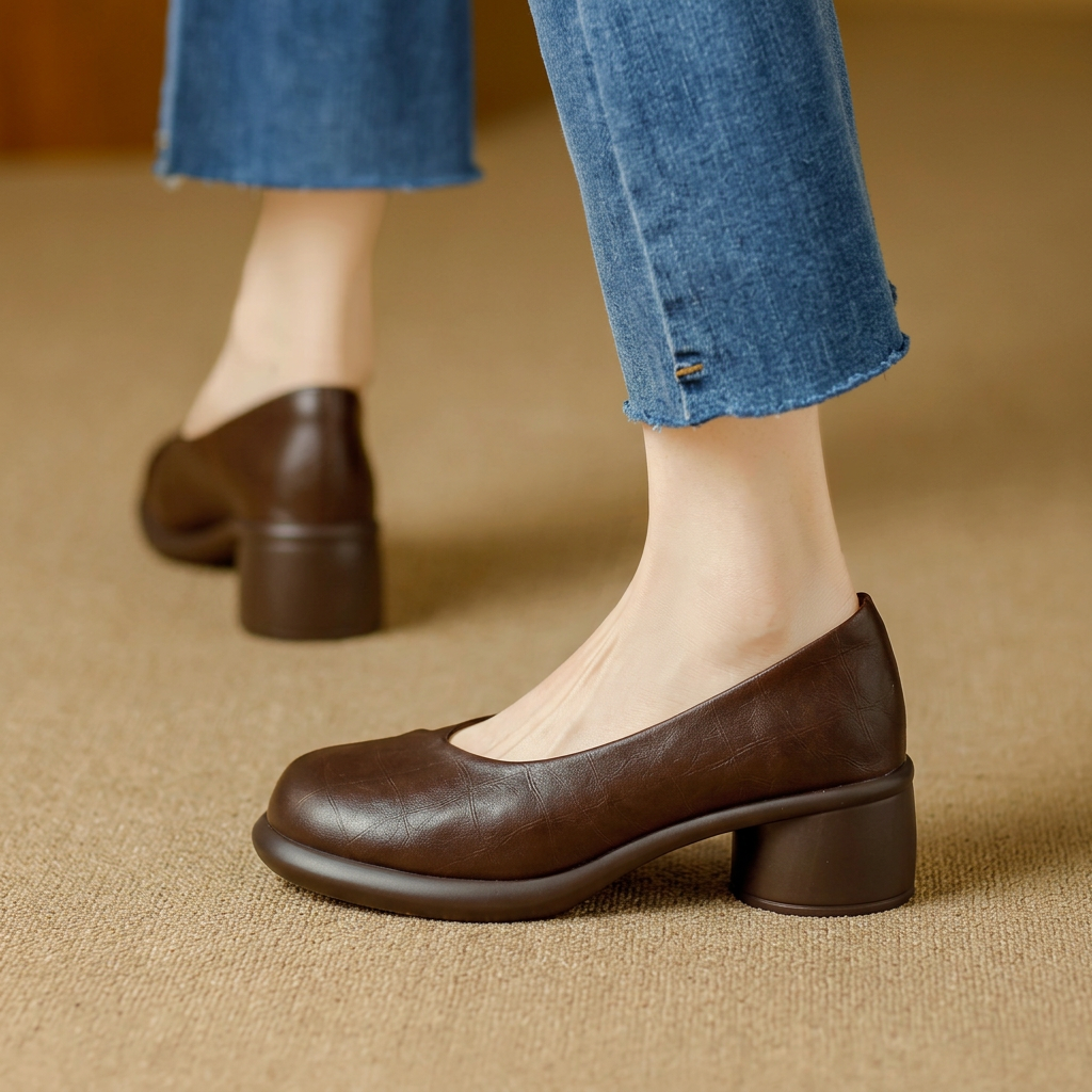 Women's Brown Leather Platform Pumps With Chunky Heels – Stylish Heels