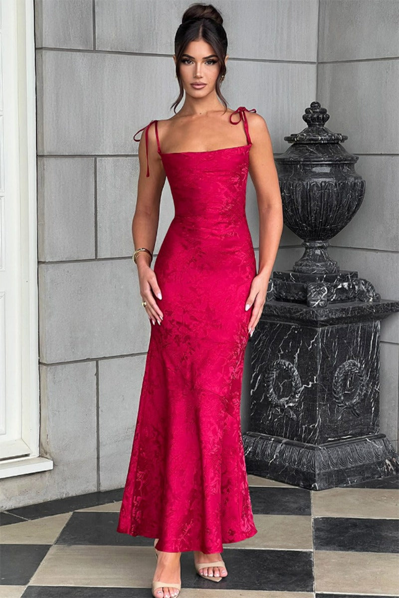 Tie-Shoulder Jacquard Floral Mermaid Maxi Formal Gown