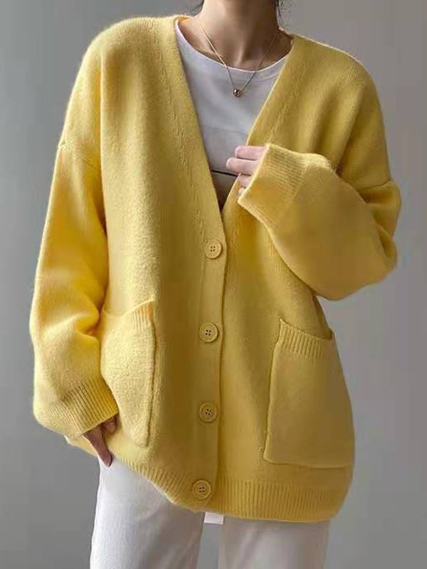 Solid V Neck Breasted Knit Cardigan