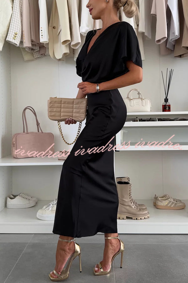 Satin Solid Color V-neck Cross Knot Slim Maxi Dress