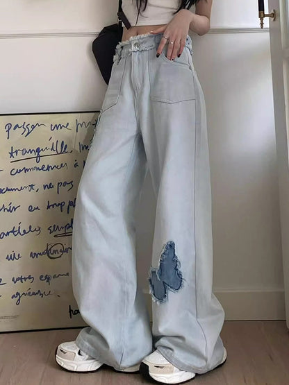 Blue Butterfly High Rise Wide Leg Jeans