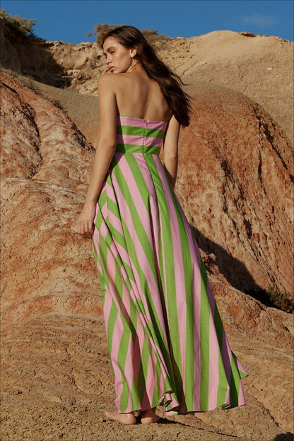 Strapless Horizontal Stripe Bodice Diagonal Stripe A-Line Maxi Dress