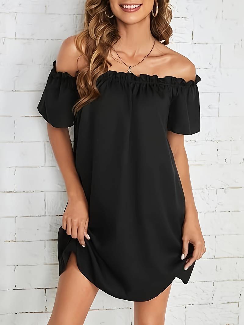 Off Shoulder Ruffle Trim Flutter Sleeve Shift Mini Dress