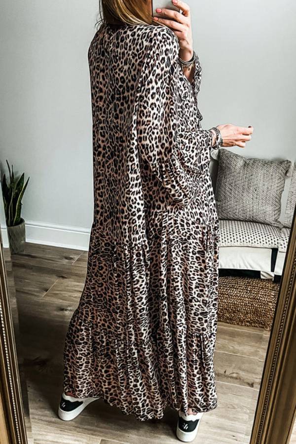 Big Cat Spot Print Mandarin Collar Button-Front Tiered Trumpet Sleeve Maxi Dress