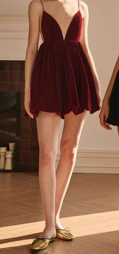 Velvet Deep V Spaghetti Mini Dress