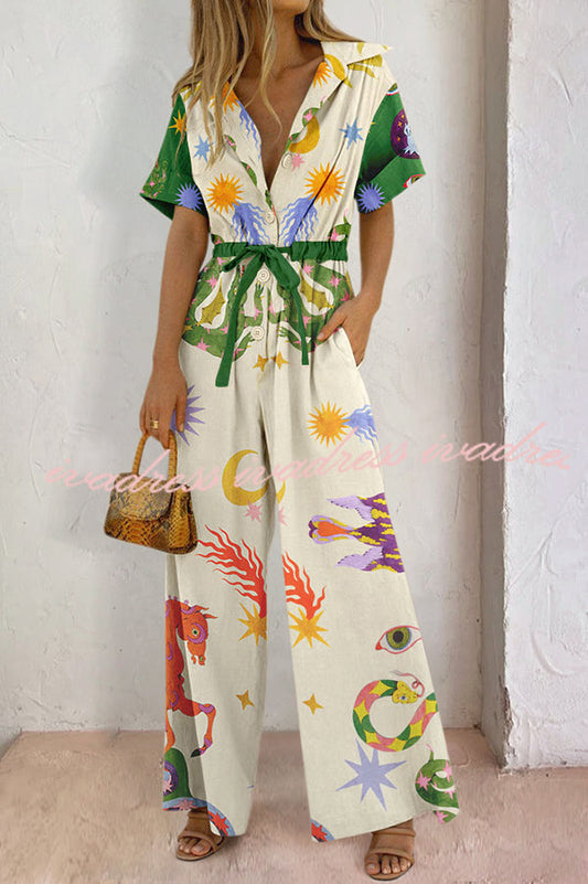 To New Hellos Linen Blend Unique Print Adjustable Waist Pocketed Wide Leg Shirt Jumpsuit
