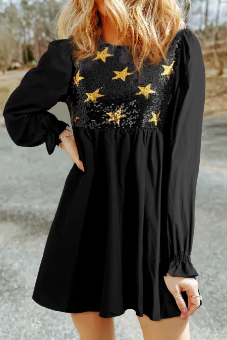 Star Sequin Puff Sleeve Crew Neck Empire Waist Babydoll Mini Dress
