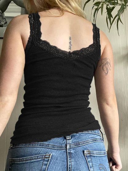 Skull Print Lace Trim Tank Top