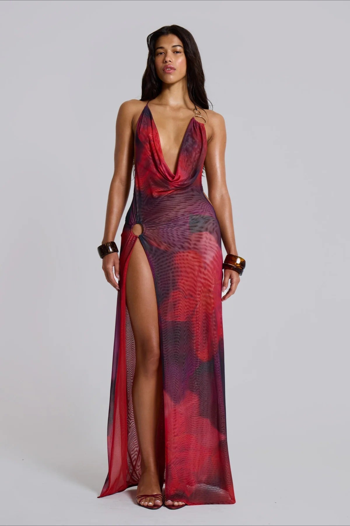 Abstract Print Mesh Cowl Neck Halter Ring Detail High Split Maxi Dress