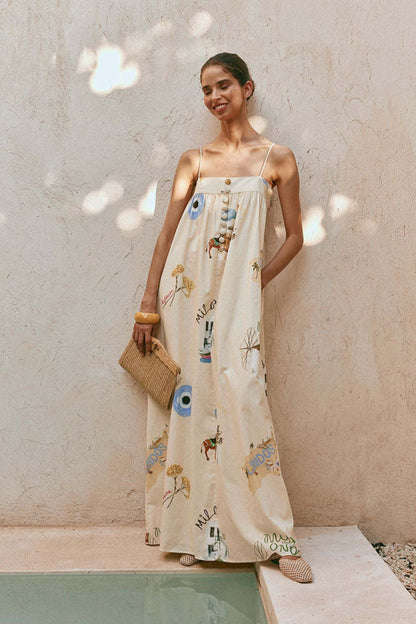 | Linen Maxi Dress with Spaghetti Straps