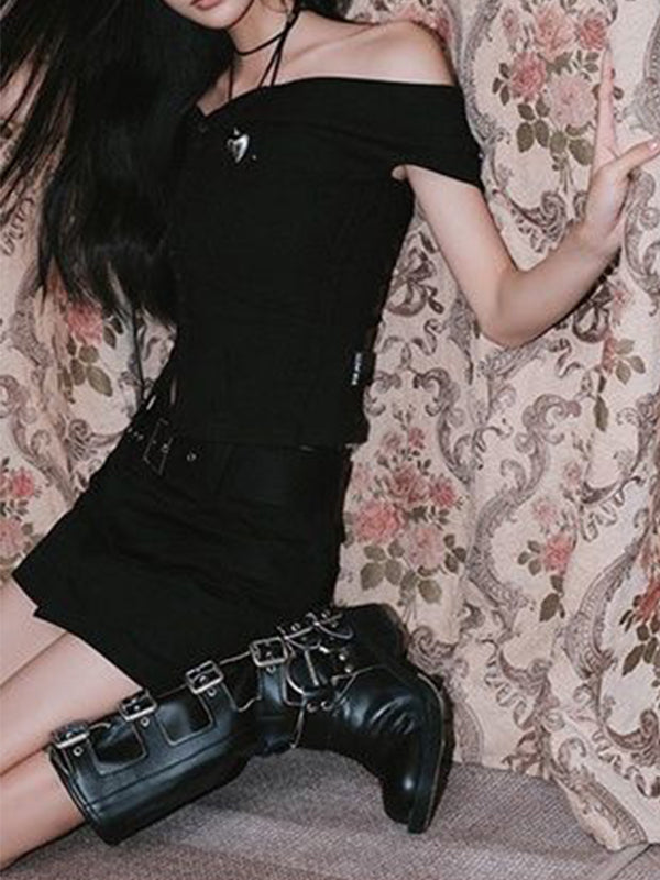 Button Off Shoulder Patchwork Short Sleeve Knits