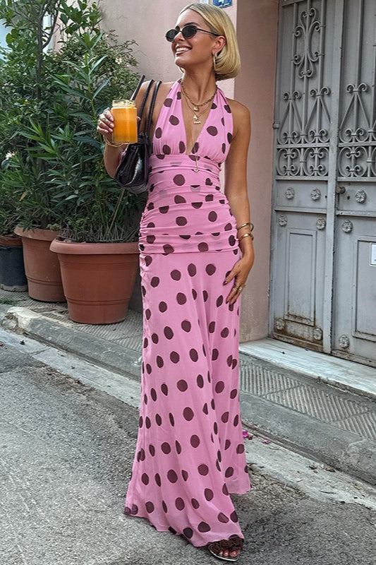 | Polka Dot Halter V-neck Maxi Dress