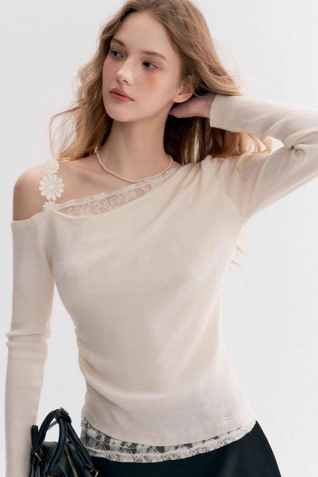 Lace Trim One Shoulder Slim Sexy Long Sleeve Blouse