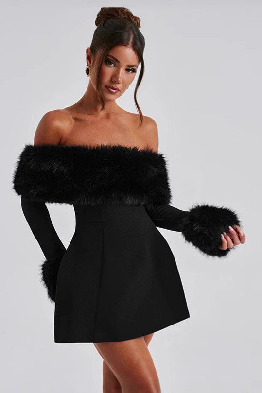 Faux Fur Trim Off Shoulder Long Sleeve A-Line Mini Dress