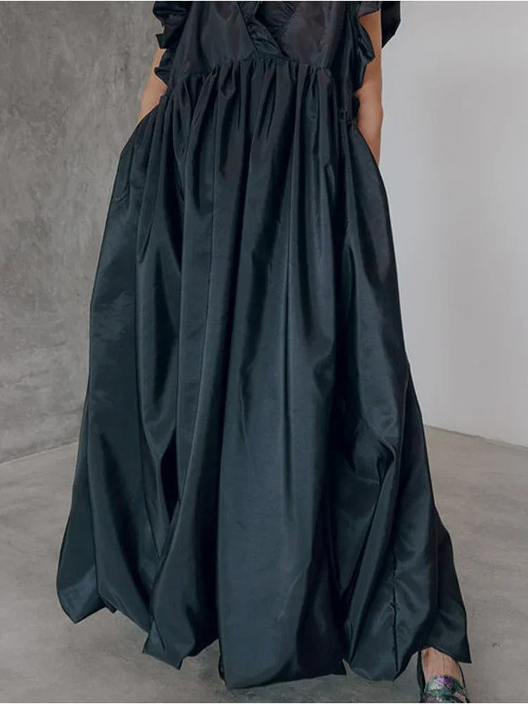 Deep V Neck Ruffle Shoulder Cap Sleeve Volume Pleated Maxi Dress