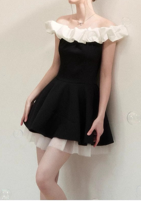 Off Shoulder Ruffle Trim Contrast Panel Pleated Skater Mini Dress