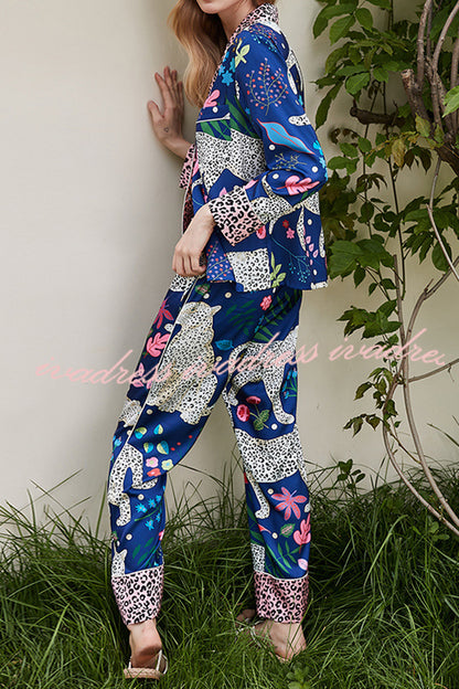 Blue Snow Leopard Printed Home Long Sleeve Two Piece Set