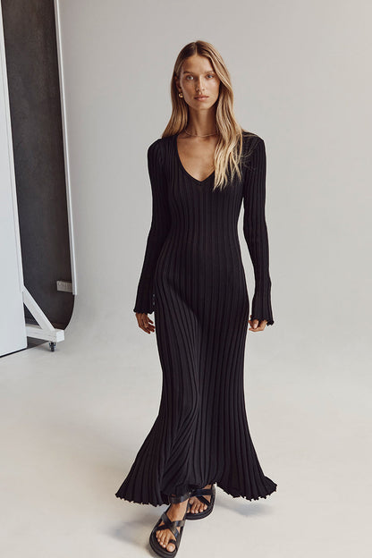 Rib Knit Deep V-Neck Long Sleeve Lettuce Hem Column Maxi Dress