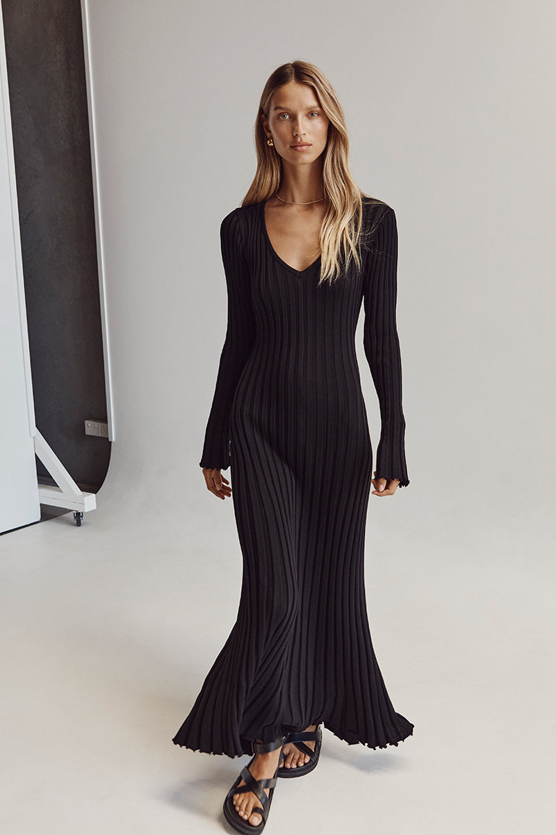 Rib Knit V-Neck Long Sleeve Lettuce Hem Column Maxi Dress