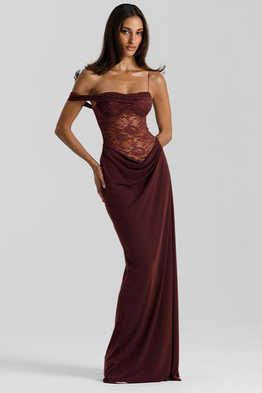 Asymmetrical Lace Corset Bustier Draped Waist Column Maxi Gown