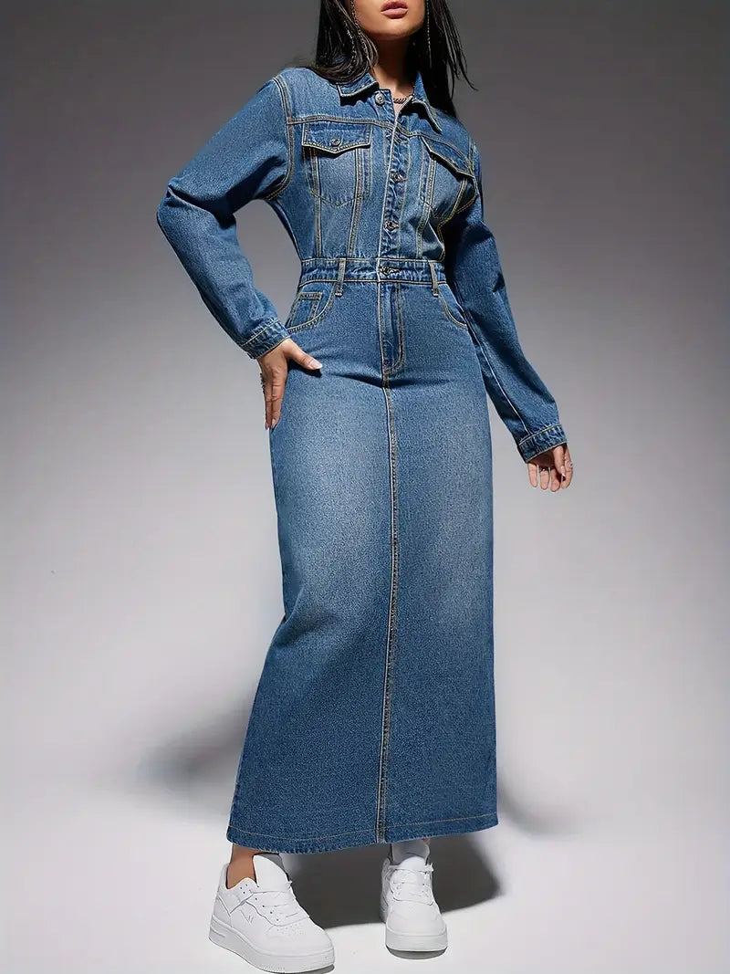 Denim Button-Front Chest Pocket Belted Column Maxi Dress