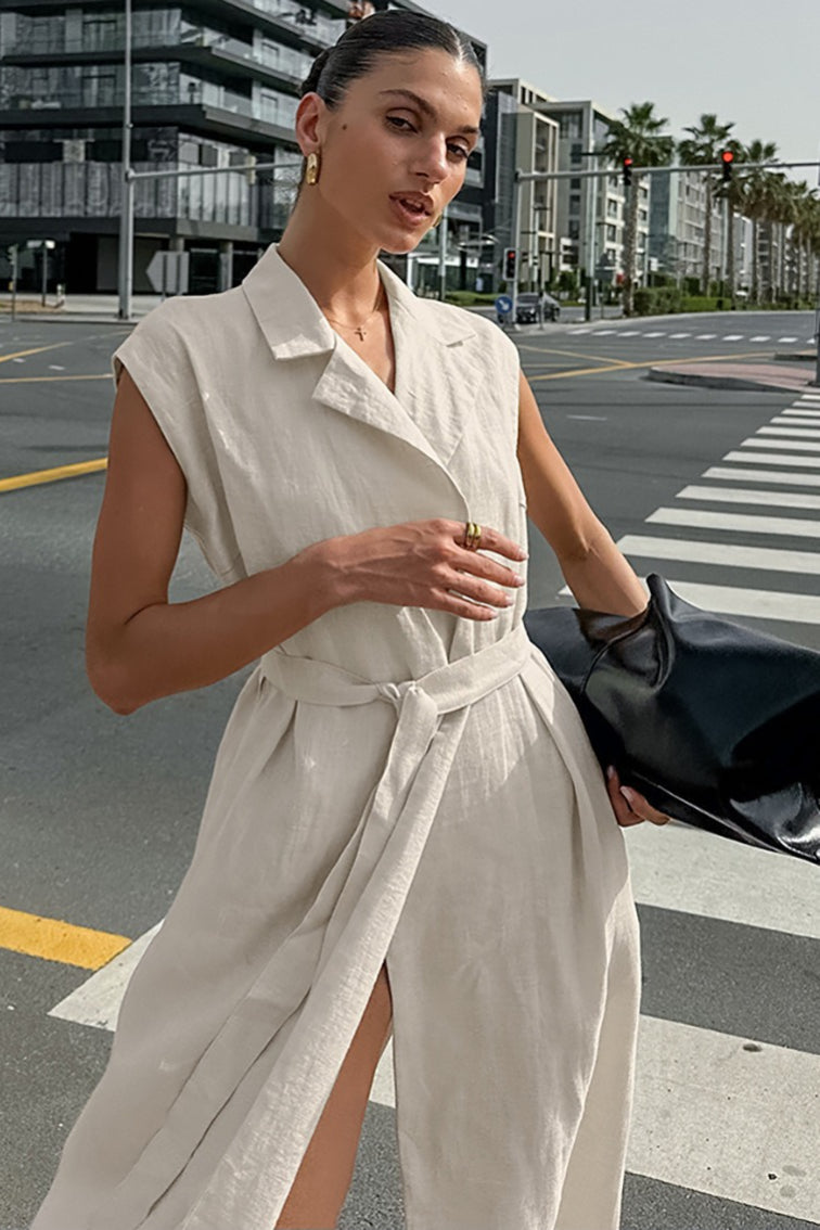| Linen Cotton High Waist Slit Maxi Dress