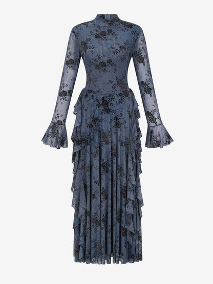 Party Dress Maxi Stand Collar Long Sleeves Floral Print Long Flared Sleeves Deep Brown Gown