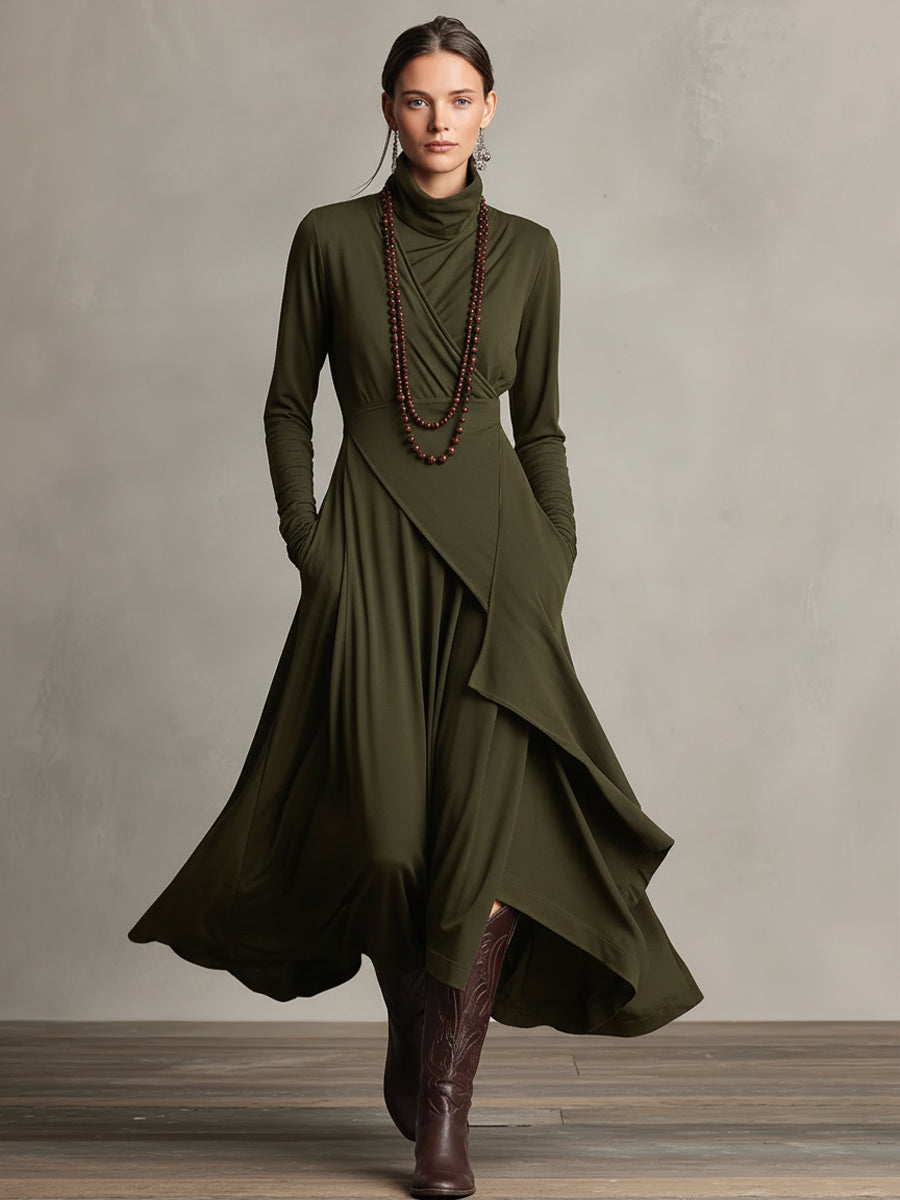 Turtleneck Wrap Front Draped Asymmetrical Hem Knit Pocket Maxi Dress